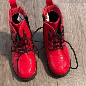 Dream Pairs Kids Red Patent Lace-Up Boots with Black Soles